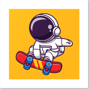 Cute Astronaut Playing Skateboard Cartoon Posters and Art